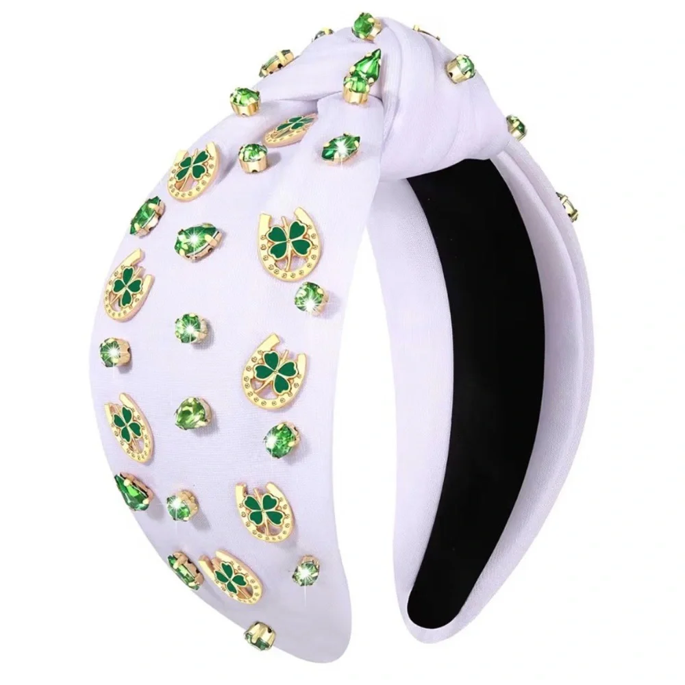NWT White Knotted Headband with Green Gem Shamrock Horseshoe Accents